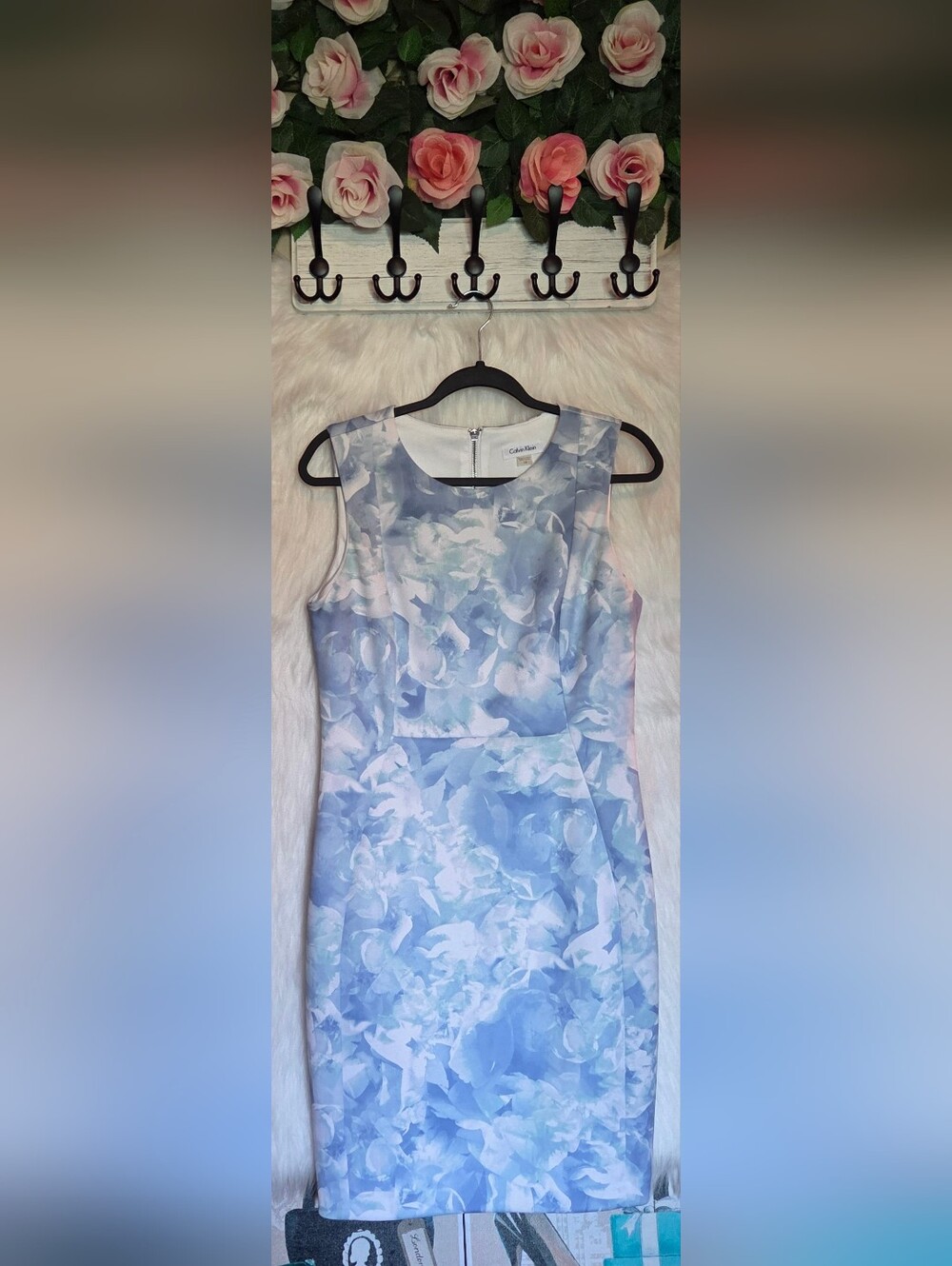 Calvin Klein Powder Blue Floral Lined Midi Sheath Dress